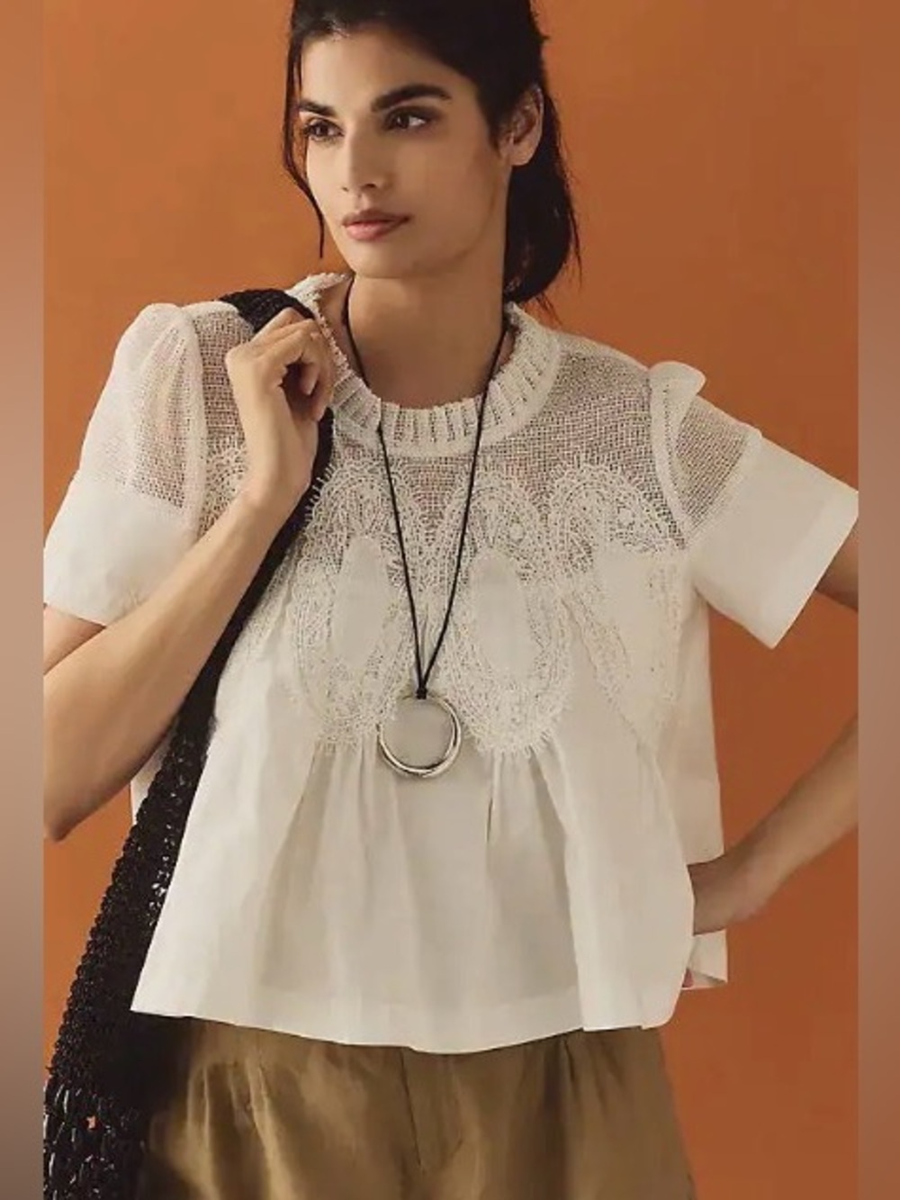 EN ELLY Iris Lace Poplin Blouse White Lace Yoke Women's Top (M)